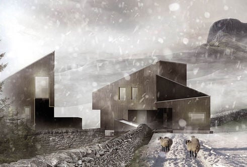 image of modern houses in rural, snowy scotland