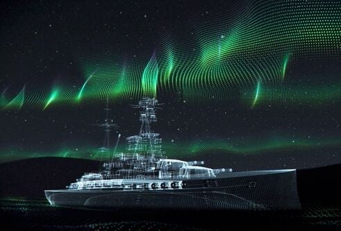computer generated ship with green lights in the sky