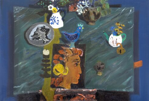 Blue Cockerel with Girl’s Head, oil painting by David McClure, 1966