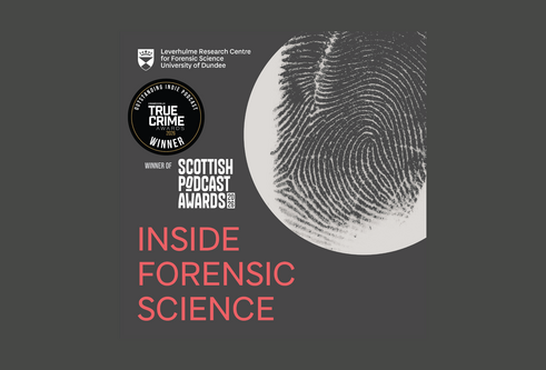 Inside Forensic Science banner with an award logo for Outstanding Indie Podcast and a large finger print