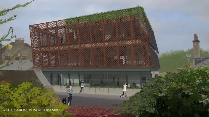 3d image of building surrounded by mesh