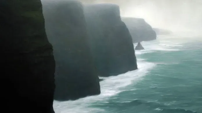 a painting of cliffs and the sea