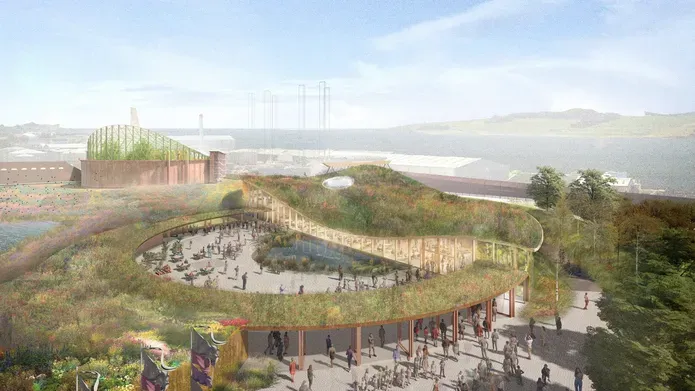 A drawing showing the Eden project building structure, people milling around underneath grassy rooftops and sprawling gardens