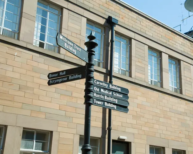 directional signpost outside the Ewing Building