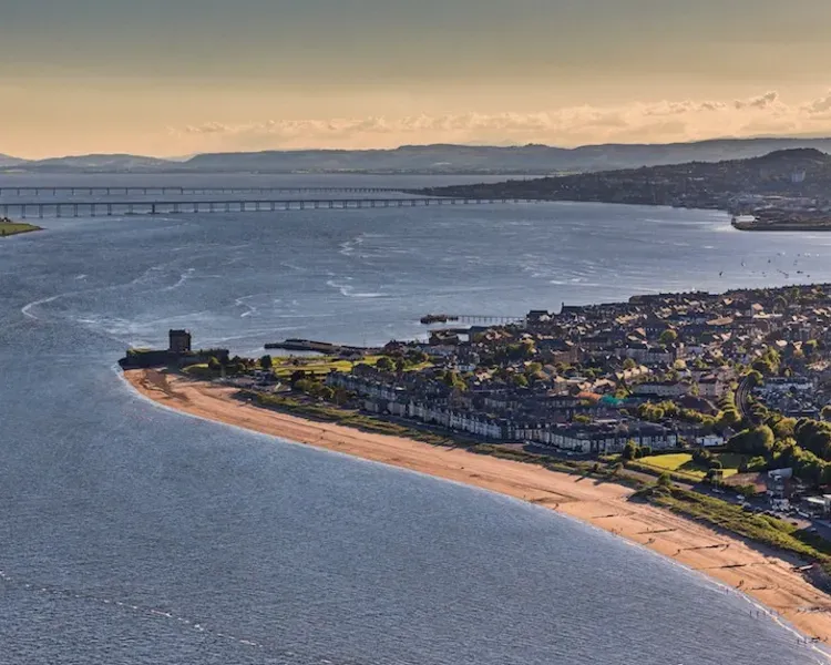 Broughty Ferry Beach in shot with the River Tay and Tay Road Bridge 
