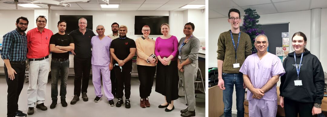 Left: MCh (Orth) students with Mr Simon Johnson, Professor Arpit Jariwala, Ms Jennifer Cherry and Ms Kirsty Munro; Right: Professor Arpit Jariwala with Tyler Halliwell (Anatomy Technical Manager - CAHID) Jude Muirhead (Laboratory Technician - CAHID).  