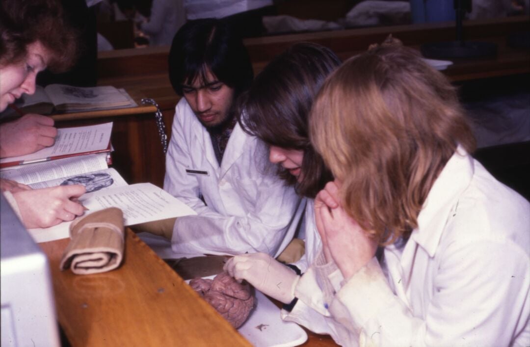 Students in lab coats looking at a brain