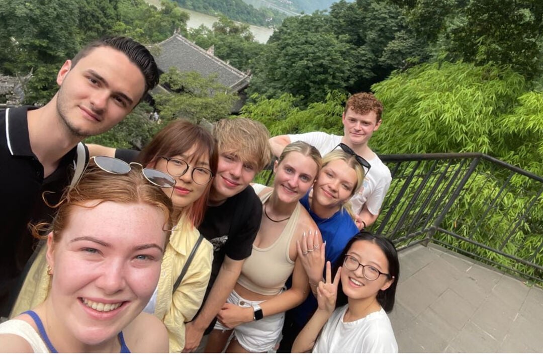 Josh and a group of exchange students in China