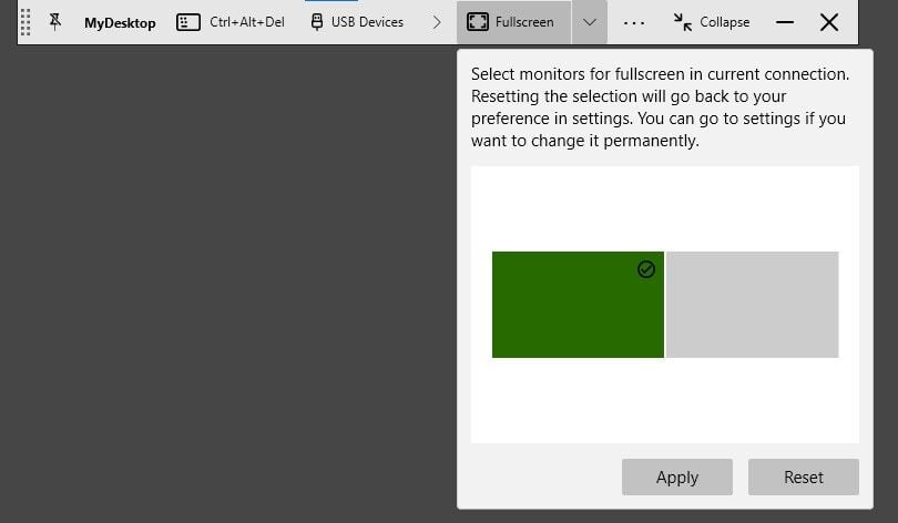 Screen grab showing the full screen drop menu. You can select the screen using the left and right arrows, and then click apply to select a setting. 