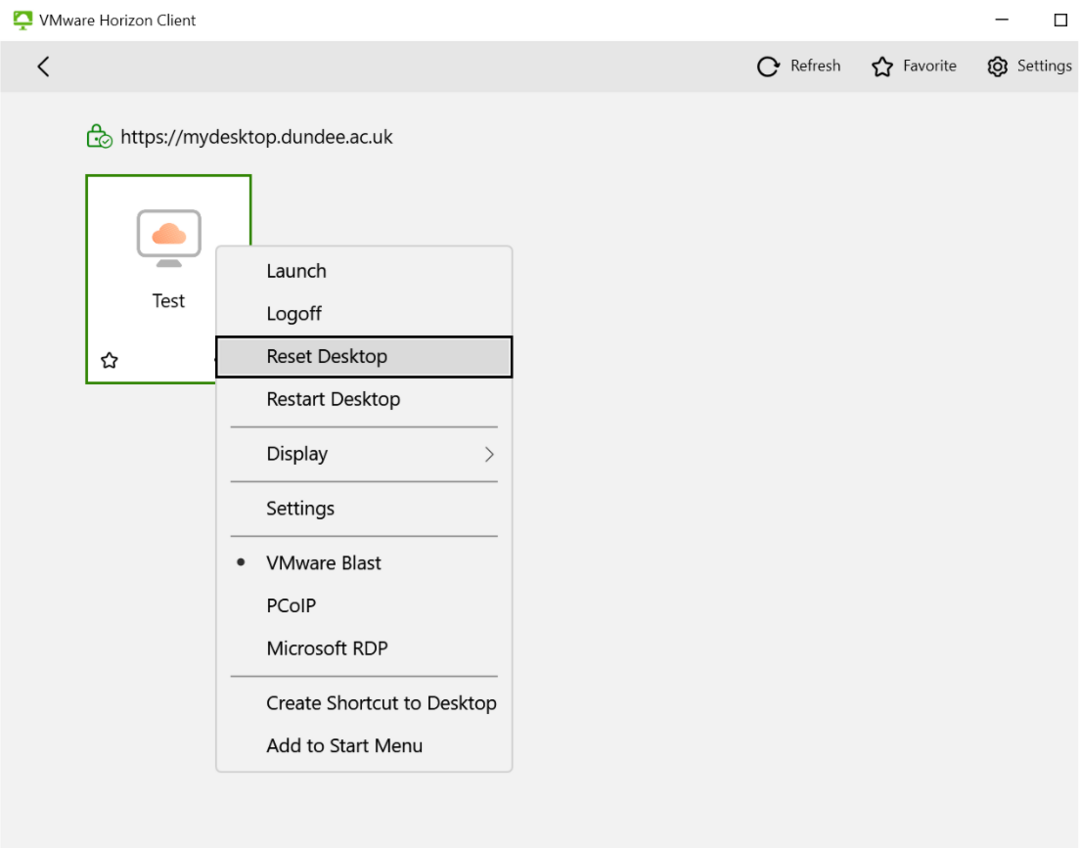 Screengrab showing the VMware Horizon Client and the dialog box that appears when you right click on a desktop. The options to reset desktop is highlighted. 