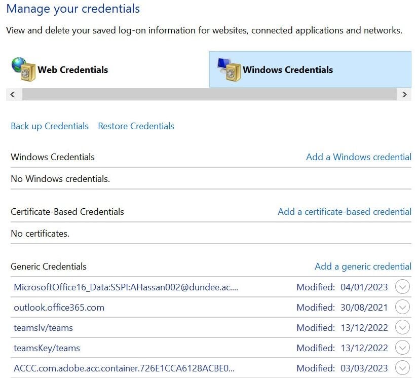 Screen grab showing the Credential manager with the options to select Windows Credentials