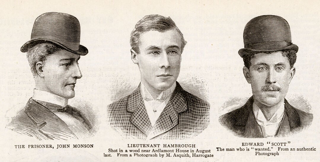 Old newspaper cutting of a drawing of three men's head and shoulders. Two on either side wear bowler hats and all are well dressed