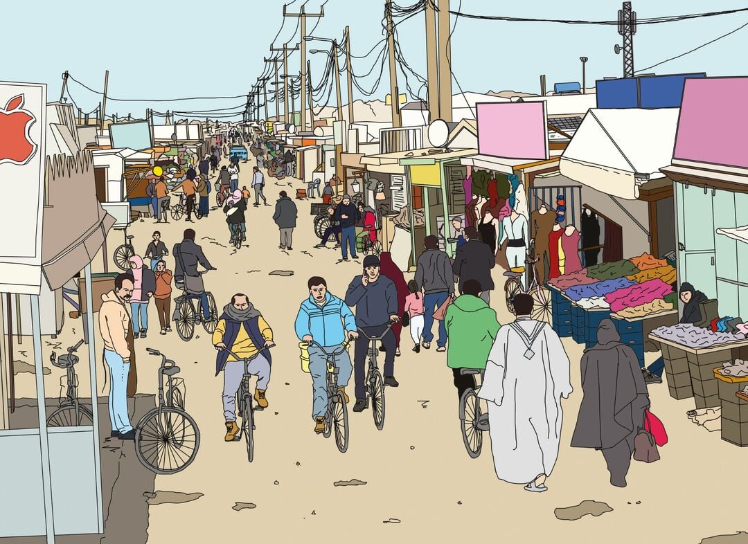 An illustration of Al-Zaatari's main commercial street, depicting a vibrant market with stalls running down each side of a walkway and people are cycling and walking in between 