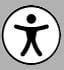 Black stick-man style figure with arms outstretched and legs in a wide stance, in a white circle with black outline and a grey background.
