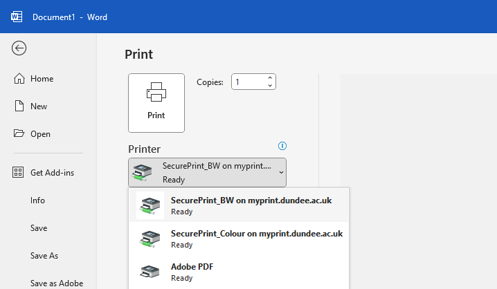 The print screen from Microsoft Word, showing the two My Print printers, named SecurePrint_BW and SecurePrint_Colour