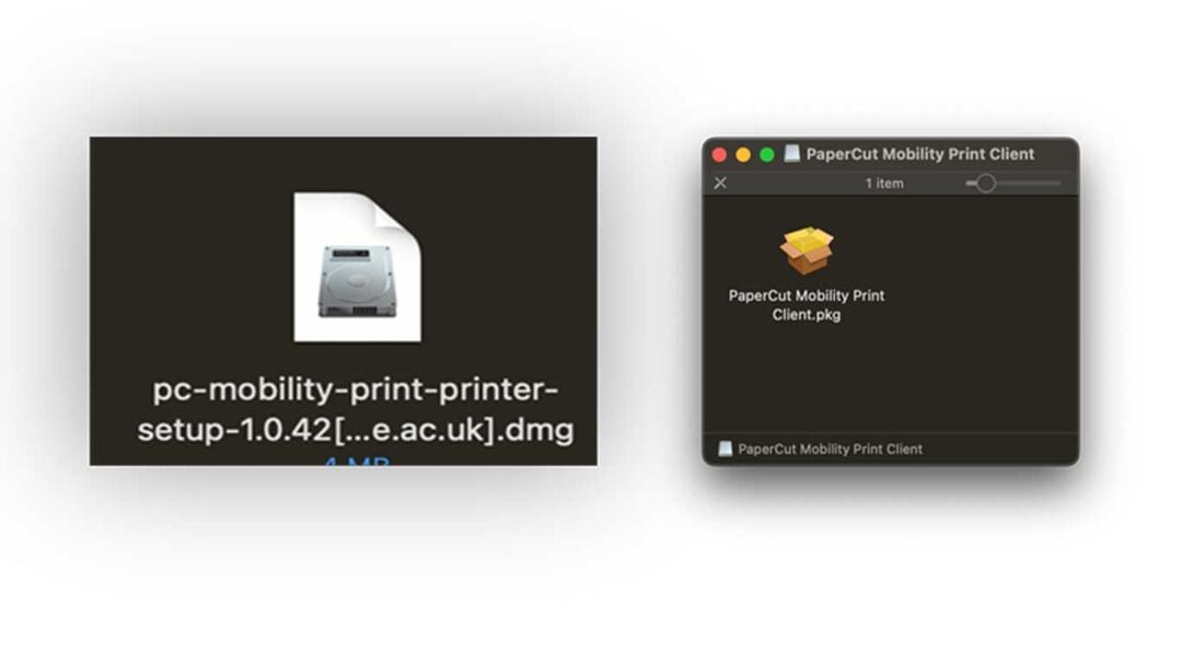 Example of the downloaded disk image for Mobility Print and Example of the downloaded contents of the Disk Image, showing the pkg Mobility Print installer itself.