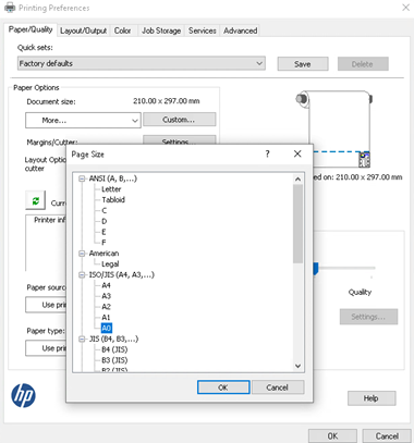 Select paper size from plotter printer