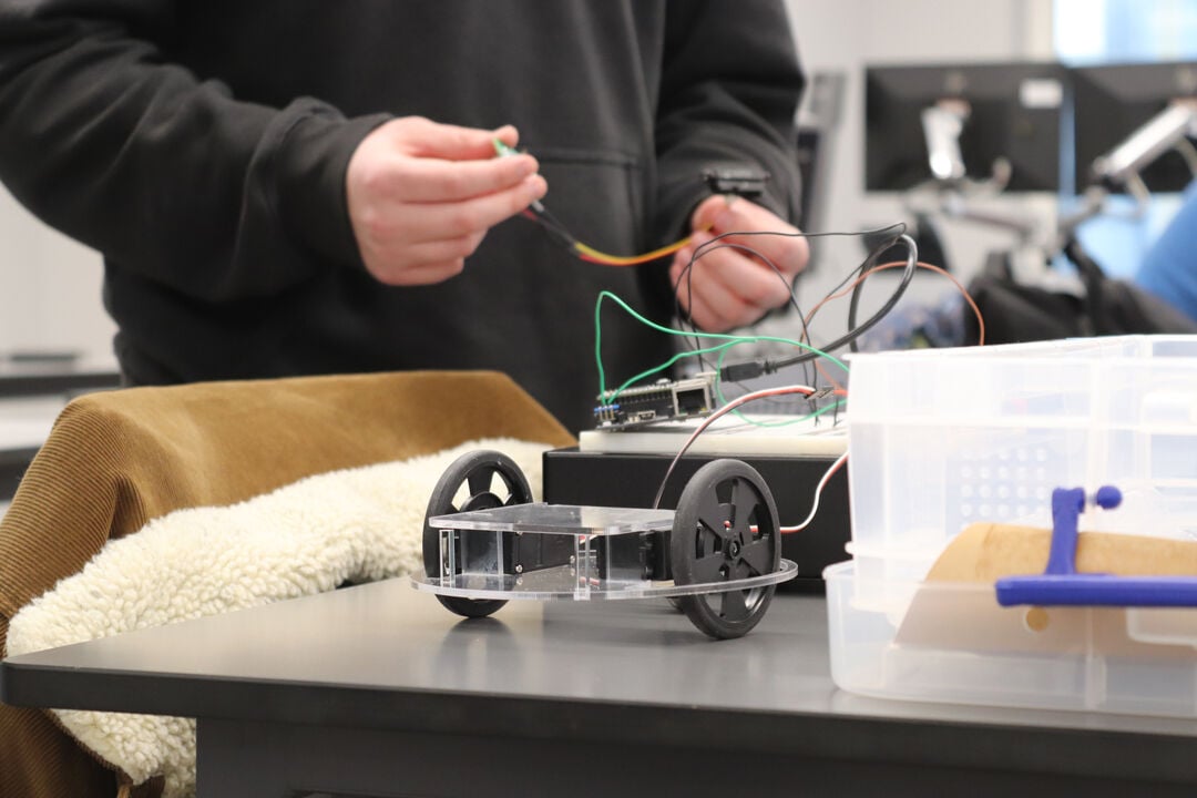 Close-up view of obstacle-avoidance autonomous vehicle created by engineering students at the University of Dundee.