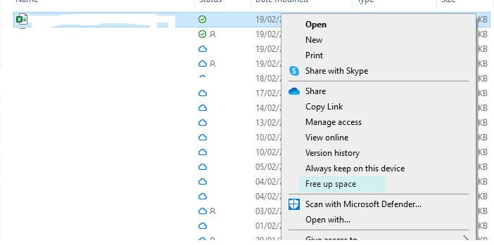 OneDrive menu showing how to Free up Space