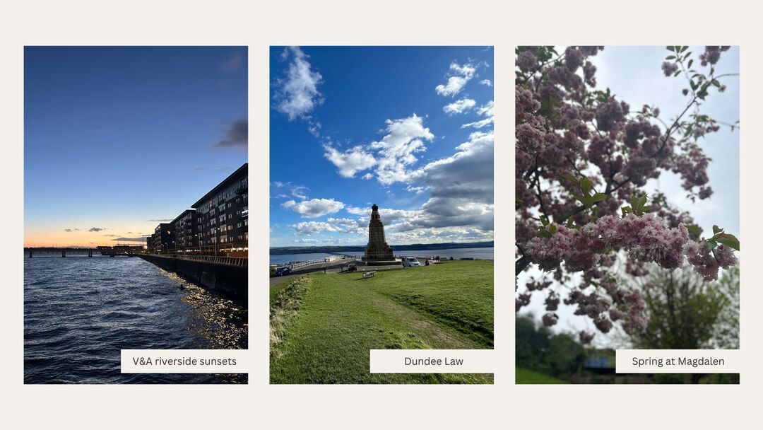 A collage of three images: the first shows the Dundee riverside in the evening, the middle is on top of a hill there is a large statue and cars parked and the third shows cherry blossoms on a tree.
