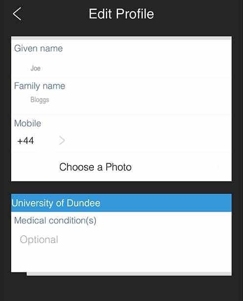 The menu to add medical conditions on the SafeZone app