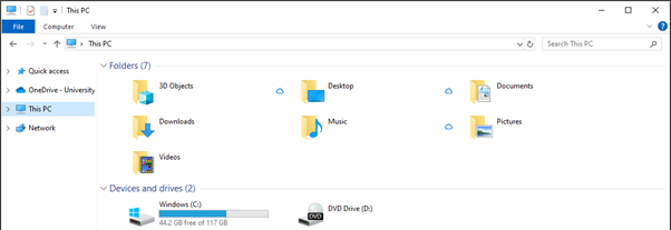 A screenshot of a computer screen showing folders, devices and drives.