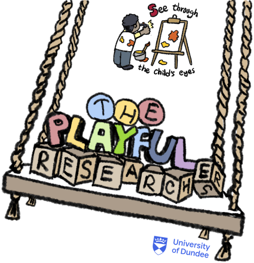 An illustration of a child painting with a playground swing in the forefront with text The Playground Researchers