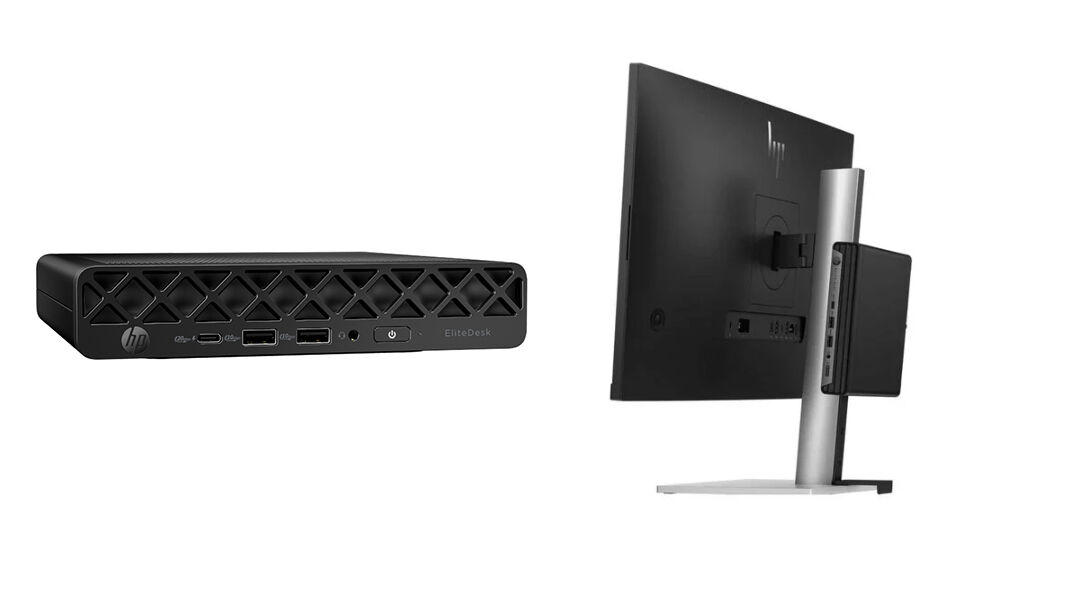 HP EliteDesk 8 Mini G1i Desktop AI PC and HP EliteDesk 8 Mini G1i Desktop held onto a monitor with a mounting bracket